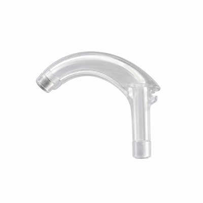 Clear, curved plastic Adult Hook TR 9 dB medical suction tool with two openings.