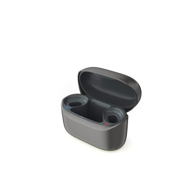 Open dark gray Phonak ChargerGo RIC I EON case for hearing aids with left and right indicators.