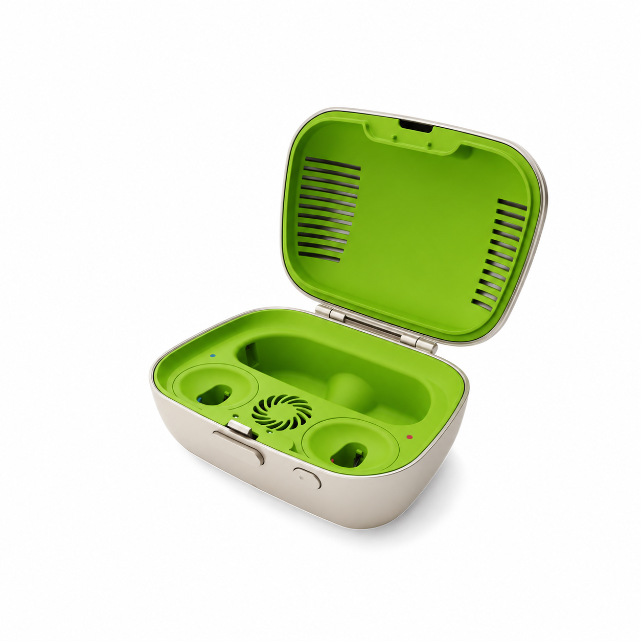A compact beige and green Phonak Charge and Care plastic case with an open lid, interior molds, built-in fan or vent, buttons, and indicator lights on the front.